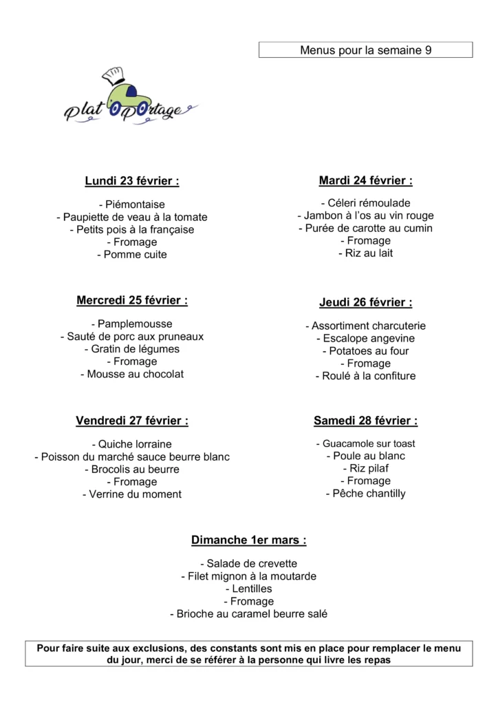 Plato Portage Portage De Repas A Domicile Laval Menu Semaine 9